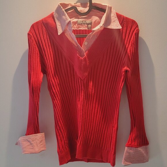 Red Ribbed Sweater with Striped Collar and Cuffs - Picture 3 of 3